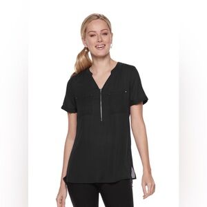 Apt. 9 Black Short Sleeve Blouse 1/4 Zip Flowy Office V-Neck Women’s Size XS EUC